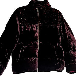 NEW Anthropologie Vera Sequined Velvet Puffer Jacket Coat Wine SZ Large Reviews